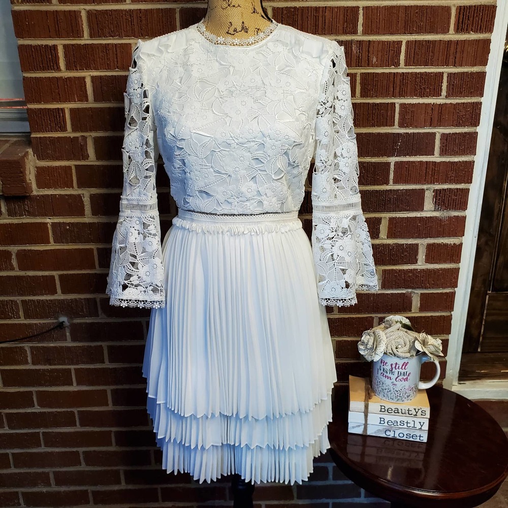 Ted Baker Stefoni Bridal Pleated Skirt Lace Bodice Bell Sleeve Flare Dress 1 NWT